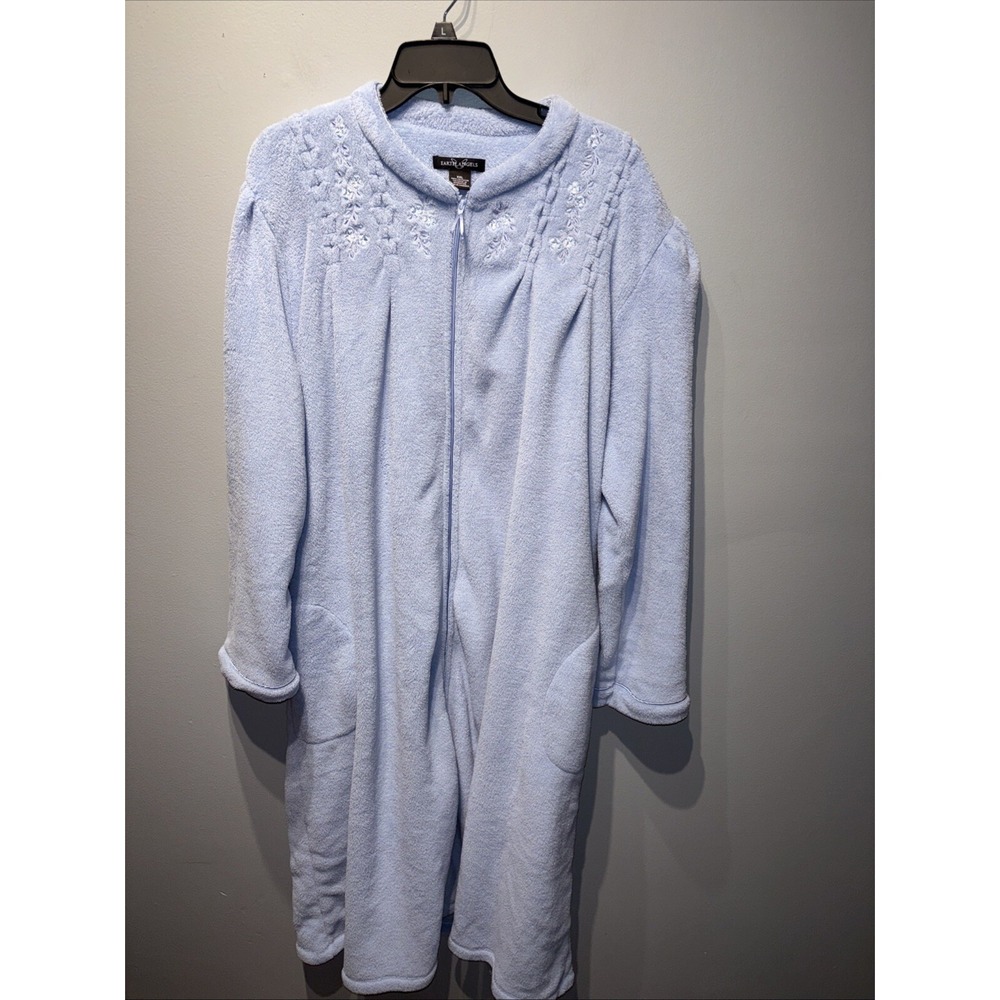 Womens Earth Angels Plush Light Blue Long‎ Robe House Coat Zipper Pockets Sz 2XL